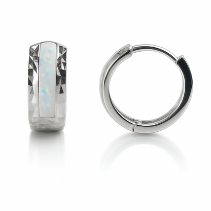 14k White Gold White Opal Huggie Hoop Earrings