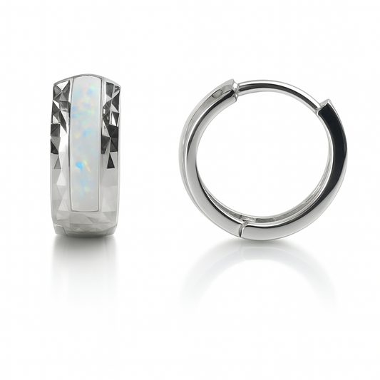 14k White Gold White Opal Huggie Hoop Earrings