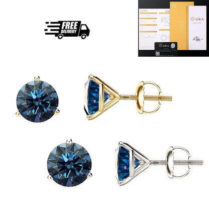 14K Gold GRA CertifiedD-VVS1 Blue Moissanite Martini ScrewBack Stud Earrings