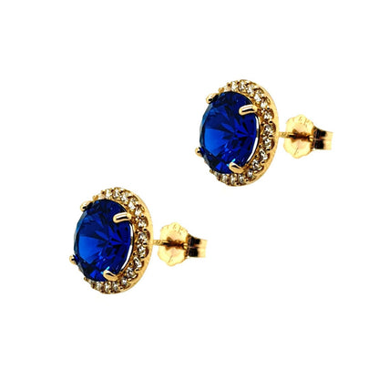 14K Solid Yellow Gold Halo Stud Push Back Earrings