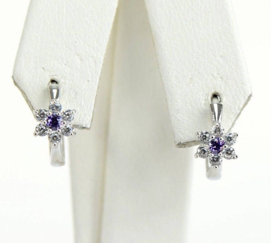 14k White Gold Flower Huggies Hoop Earring Birthstone