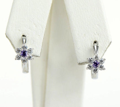 14k White Gold Flower Huggies Hoop Earring Birthstone