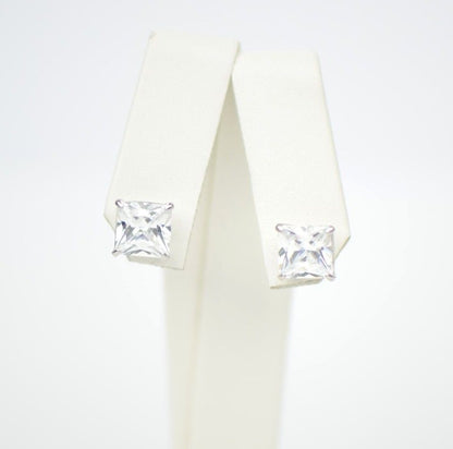 14k White Gold Square Princess Cut CZ Stud Earrings with screw back 3-7mm