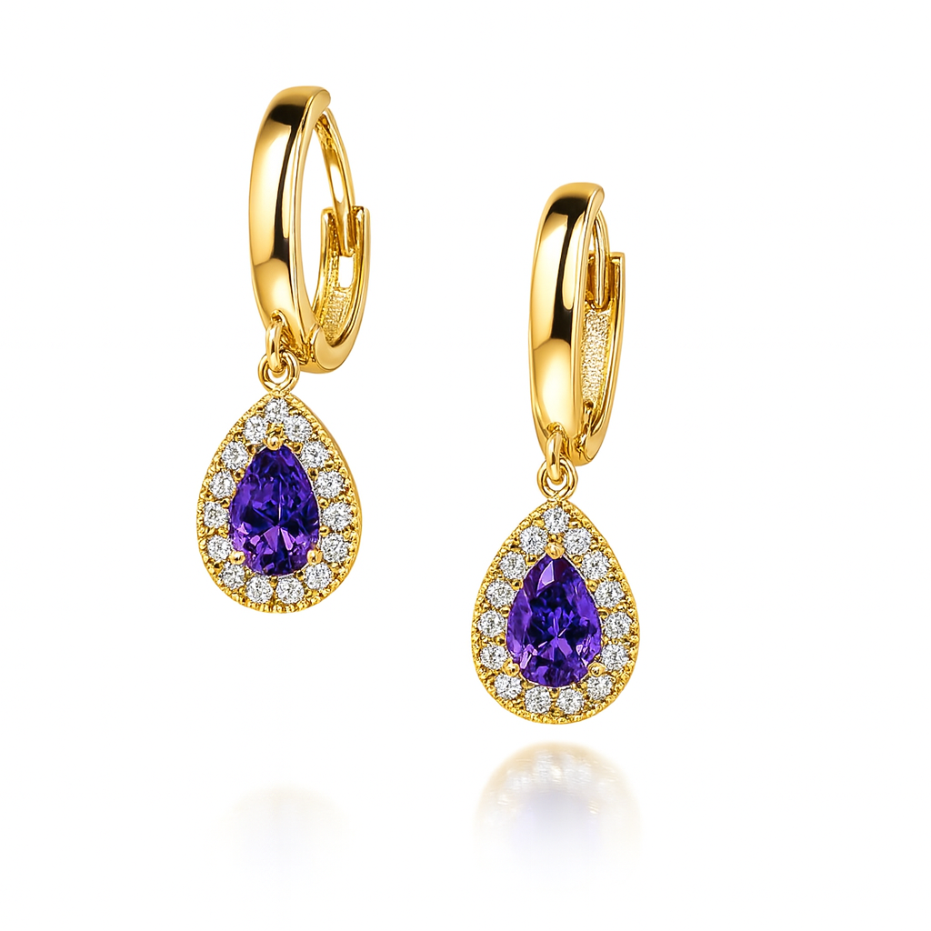 14k Yellow Gold Halo Birthstone Huggie Earrings for Women