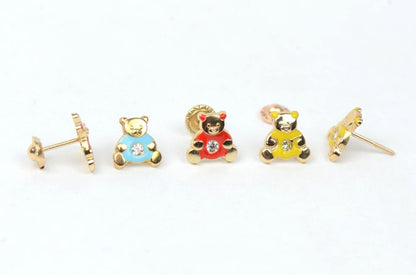 14k Yellow Gold Baby Enamel CZ Teddy Bear earrings, Screw Back