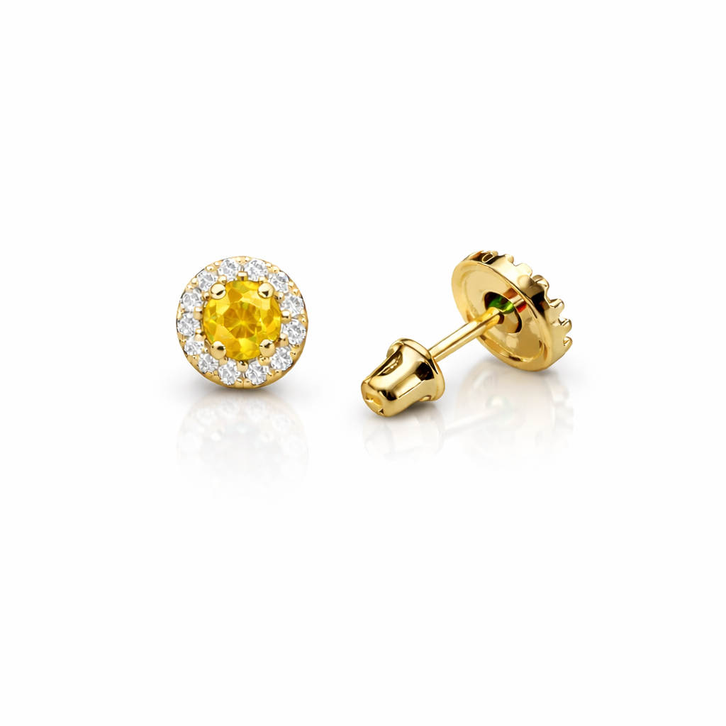 14k Yellow Gold Halo Stud Earrings with Screw  Back