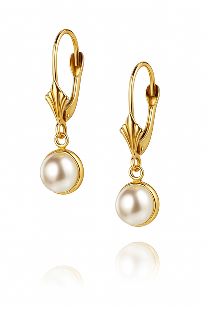 14k Yellow or White Gold Leverback Dangle White Natural Pearl Earrings