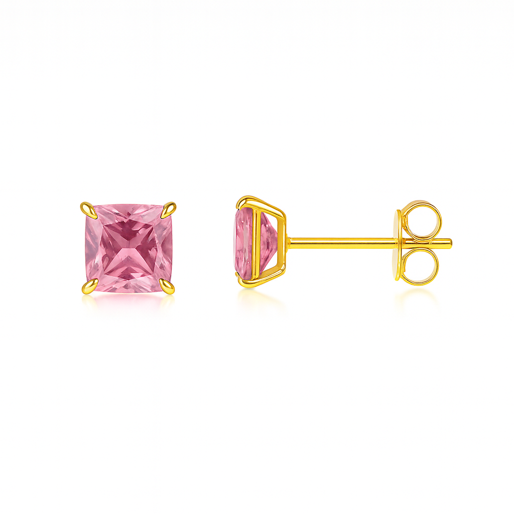 14k Yellow Gold Solid Square Princess Cut Birthstone 4MM CZ Stud Earrings