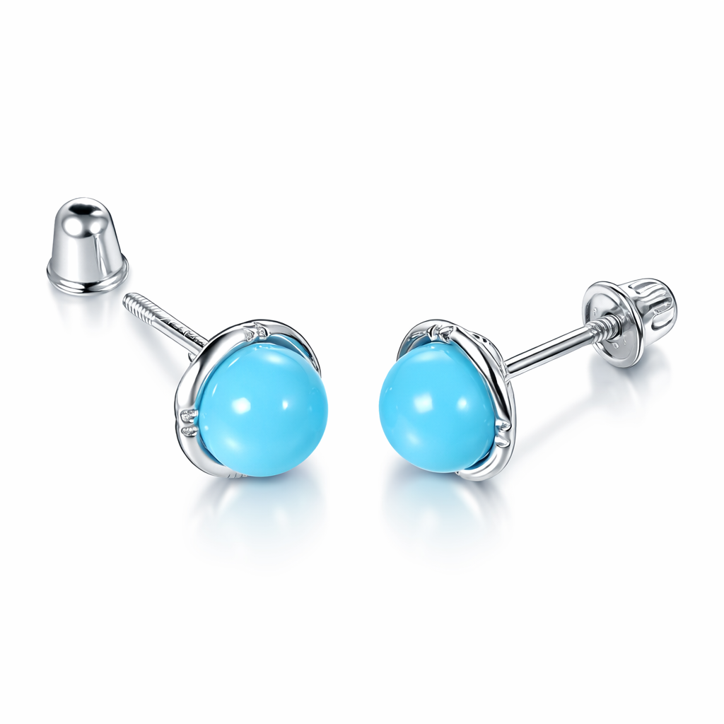 14k Yellow & White Gold Round Turquoise Screw Back Stud Earrings for Women