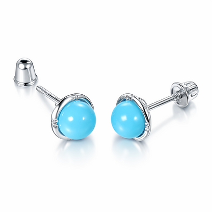 14k Yellow & White Gold Round Turquoise Screw Back Stud Earrings for Women