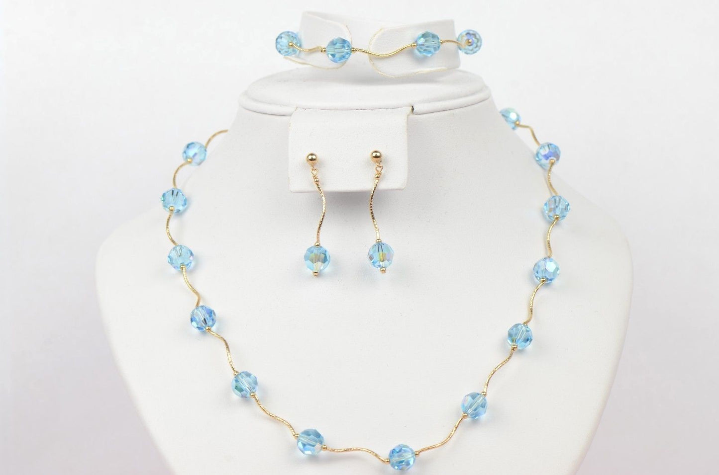 14kYellow Gold swarovski crystals Beads 3pcsWomen Set:Necklace,Bracelet,Earrings