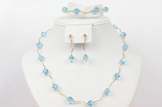 14kYellow Gold swarovski crystals Beads 3pcsWomen Set:Necklace,Bracelet,Earrings