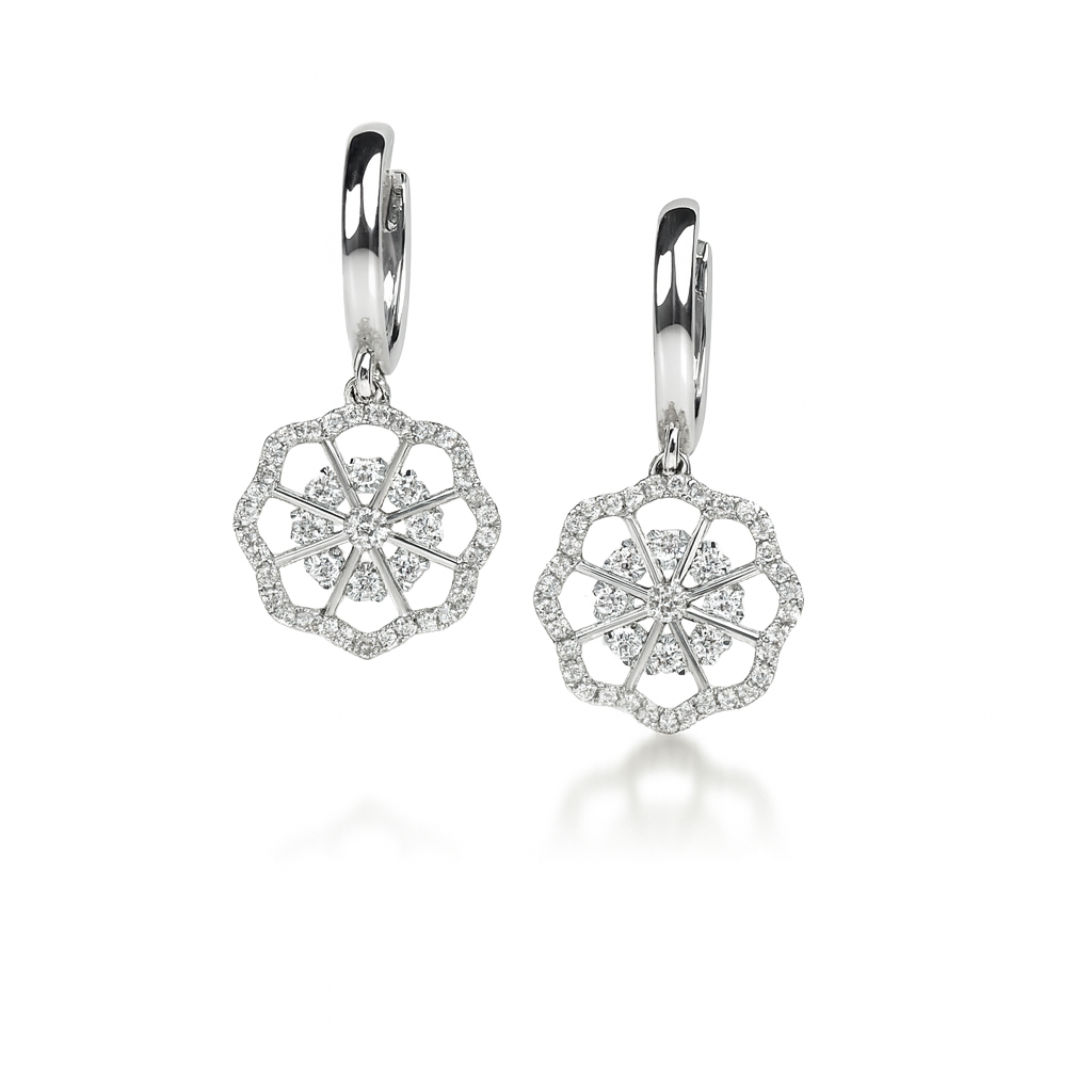 14k Yellow / White Gold Dangle CZ Flower Huggie Earrings