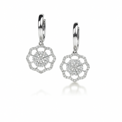 14k Yellow / White Gold Dangle CZ Flower Huggie Earrings