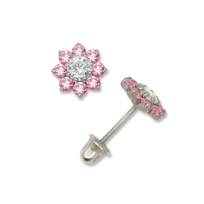 14K Yellow & White Gold Small Beautiful CZ Flower Stud Earrings for  Girls
