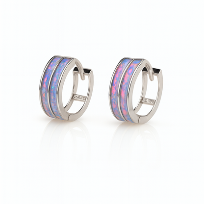 14k White Gold Double Row Purple Opal Huggie Hoop Earrings