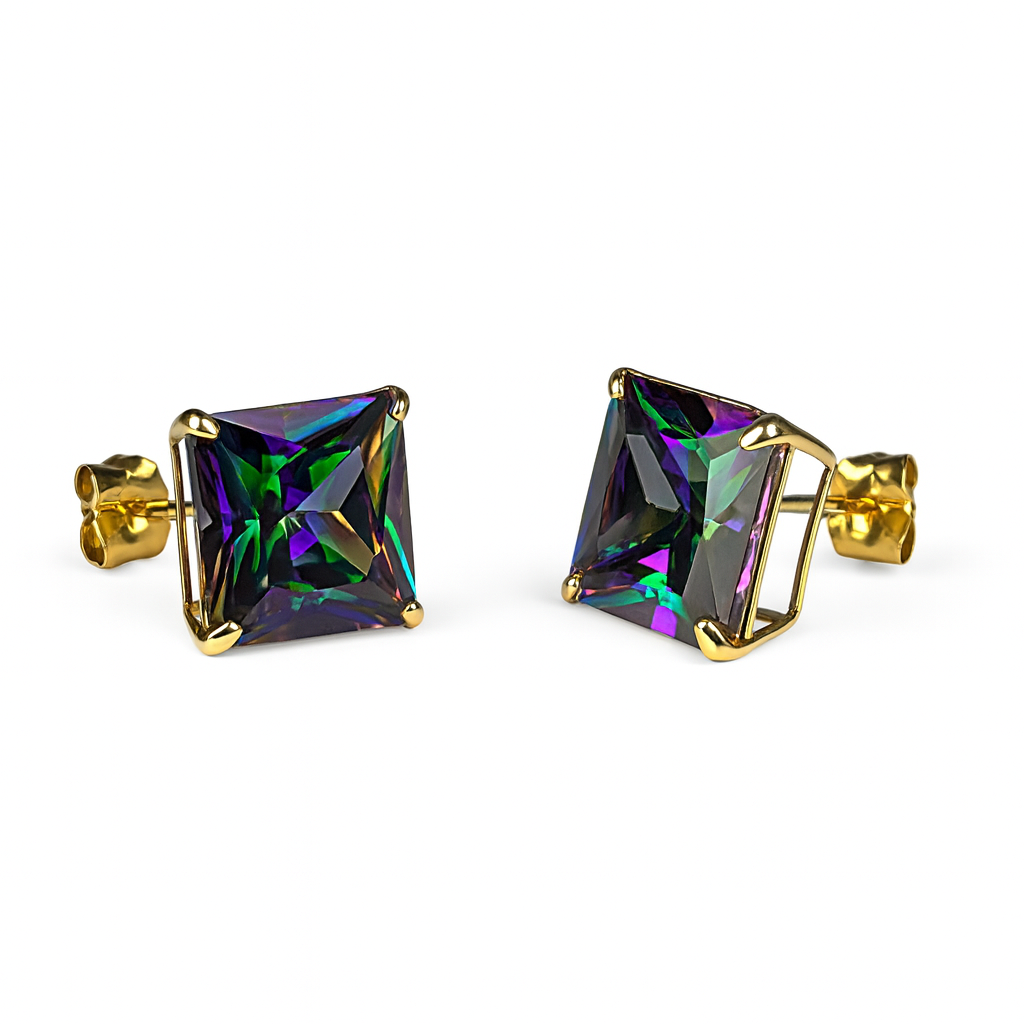 14k Yellow Gold Push Back Earrings with Mystic Topaz Princess Cut CZ Stones