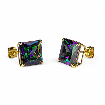 14k Yellow Gold Push Back Earrings with Mystic Topaz Princess Cut CZ Stones