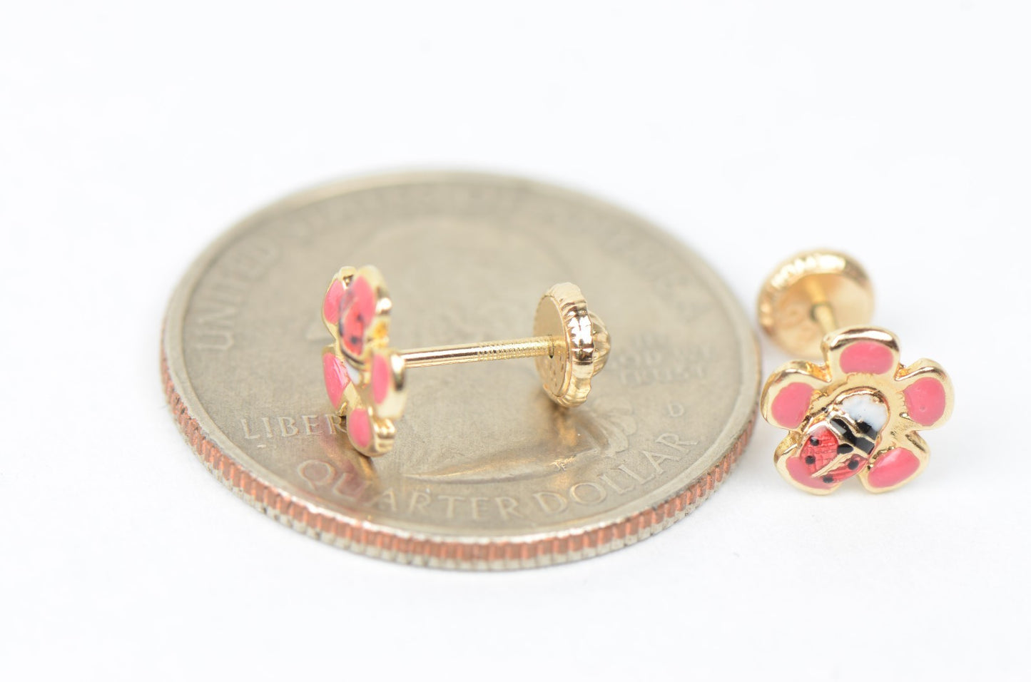 14k Yellow Gold Baby Enamel Flower earrings, Screw Back