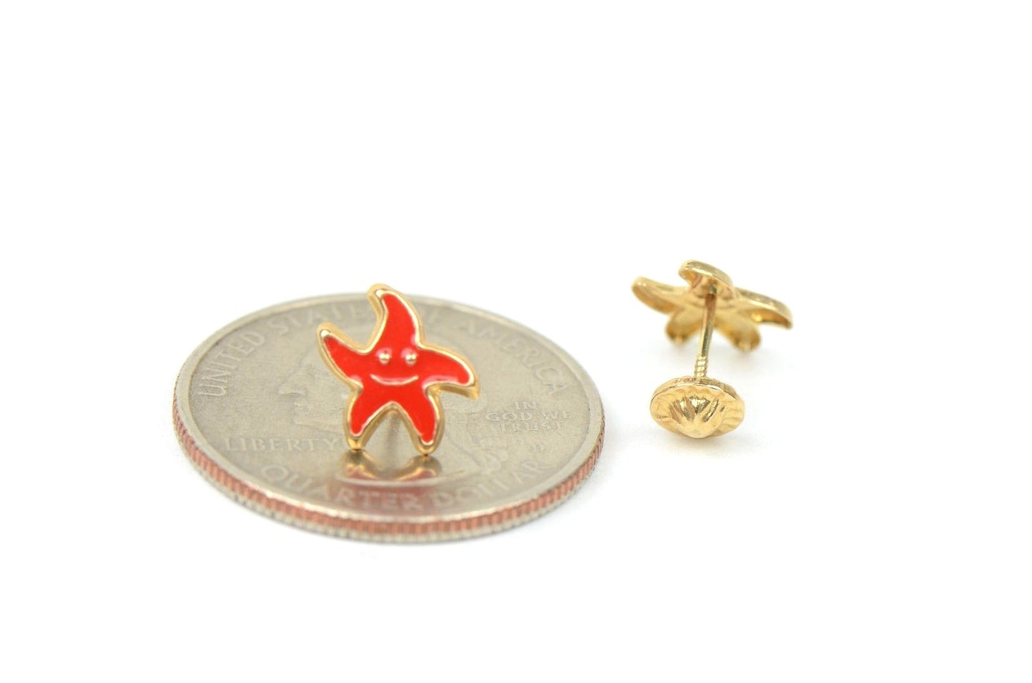 14k Yellow Gold Enamel Starfish Baby earrings with Screw Back
