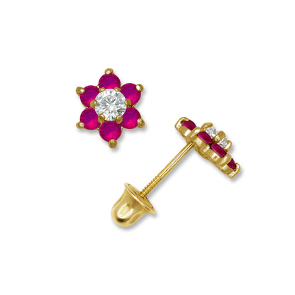 14k Yellow Gold CZ Flower Birthstone Stud Screw Back Earrings