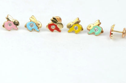 14k Yellow Gold Enamel and CZ Rabbit Baby earrings, Screw Back