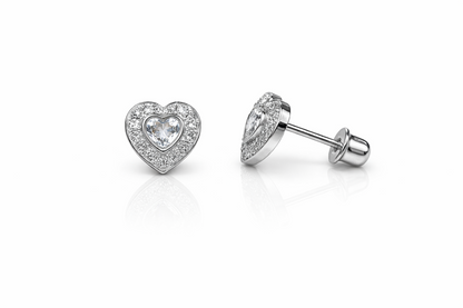 14k Solid White Gold Halo Heart Stud Earrings