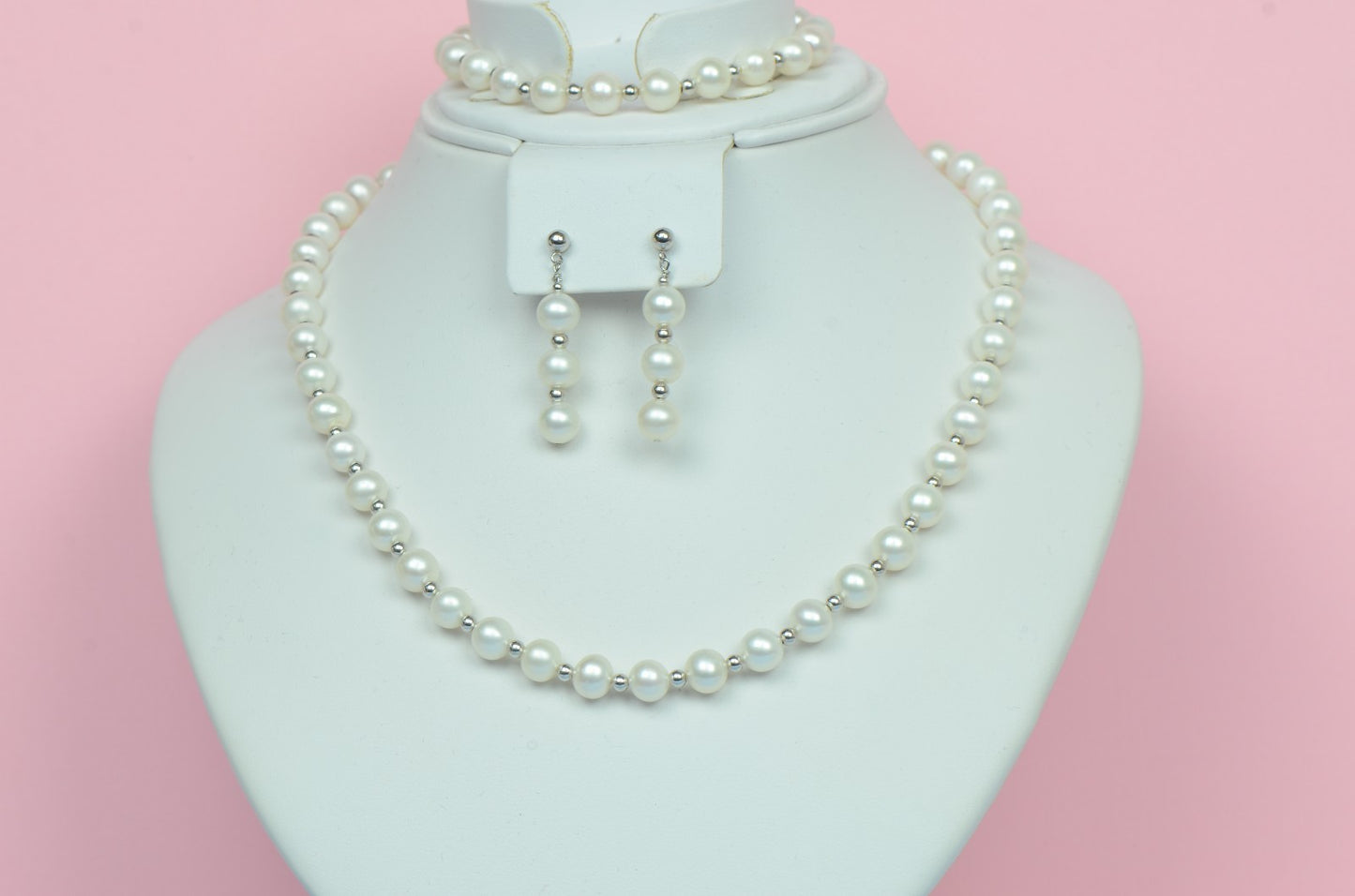 14K White Gold Natural White genuine Pearl Necklace, Bracelet, Earrings Set