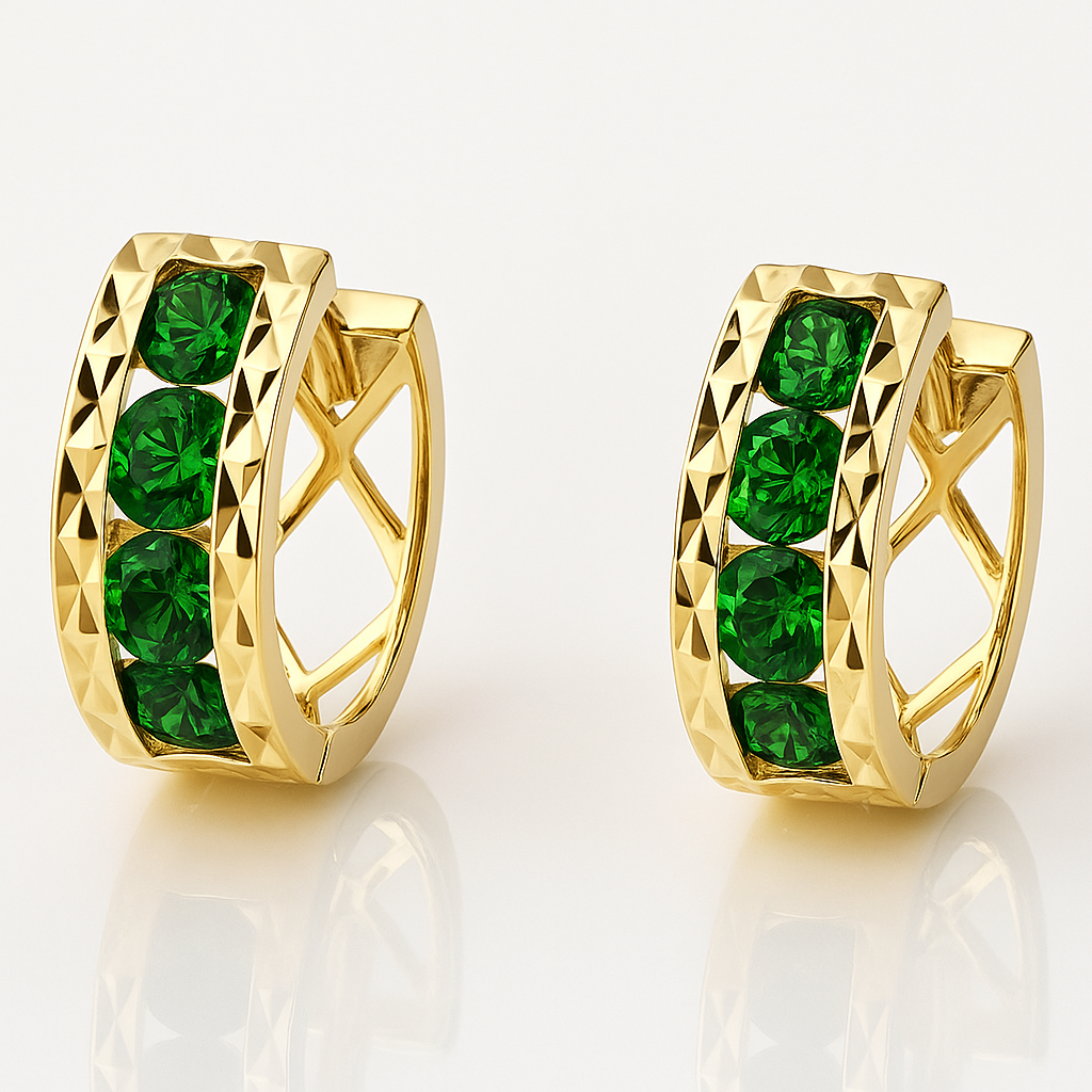 14k Yellow Gold Diamond Cut with Birthstone Huggie Earrings