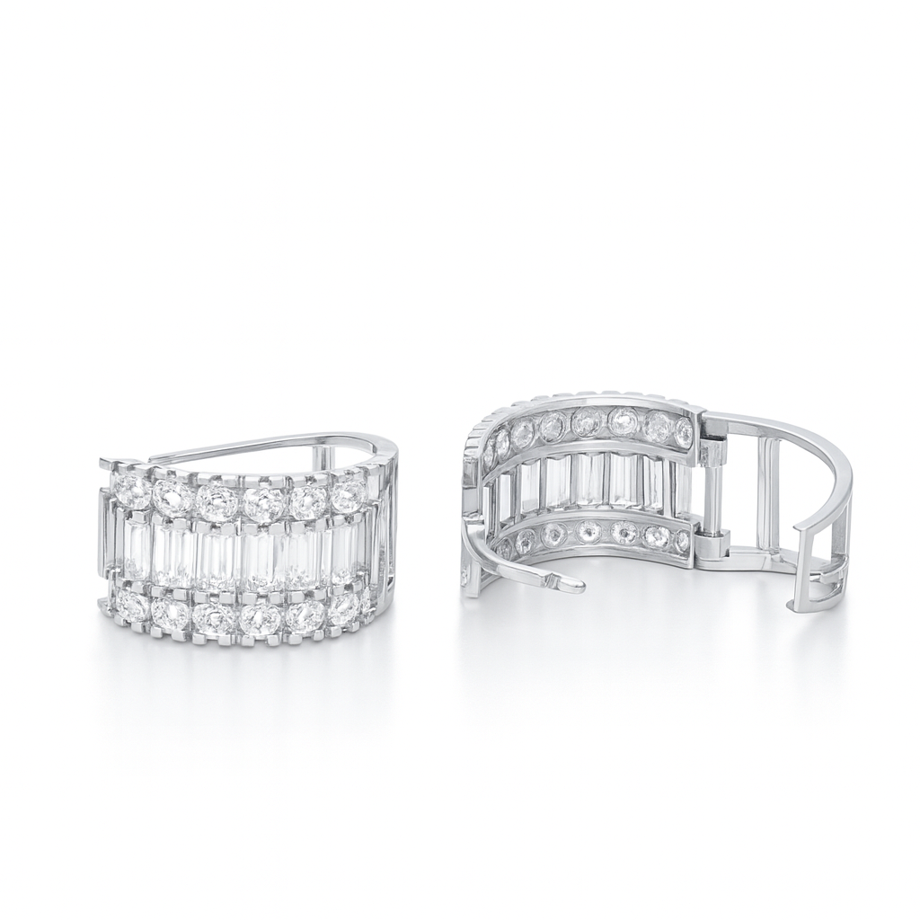 14k Yellow and White Gold  Baguette Huggie Hoop Earrings