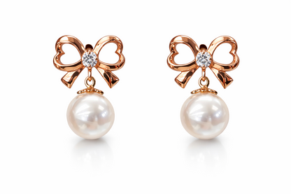 14K Yellow or White Gold Bow Tie Freshwater Pearl CZ Stud Earring