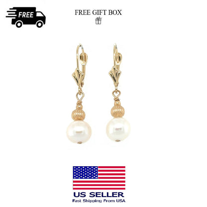 14K Yellow Gold Lever Back  Earrings with Genuine Pearl 7mm