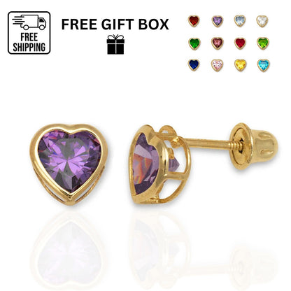 14K Solid Yellow Gold Heart Stud Earrings Birthstone 6mm x 6mm