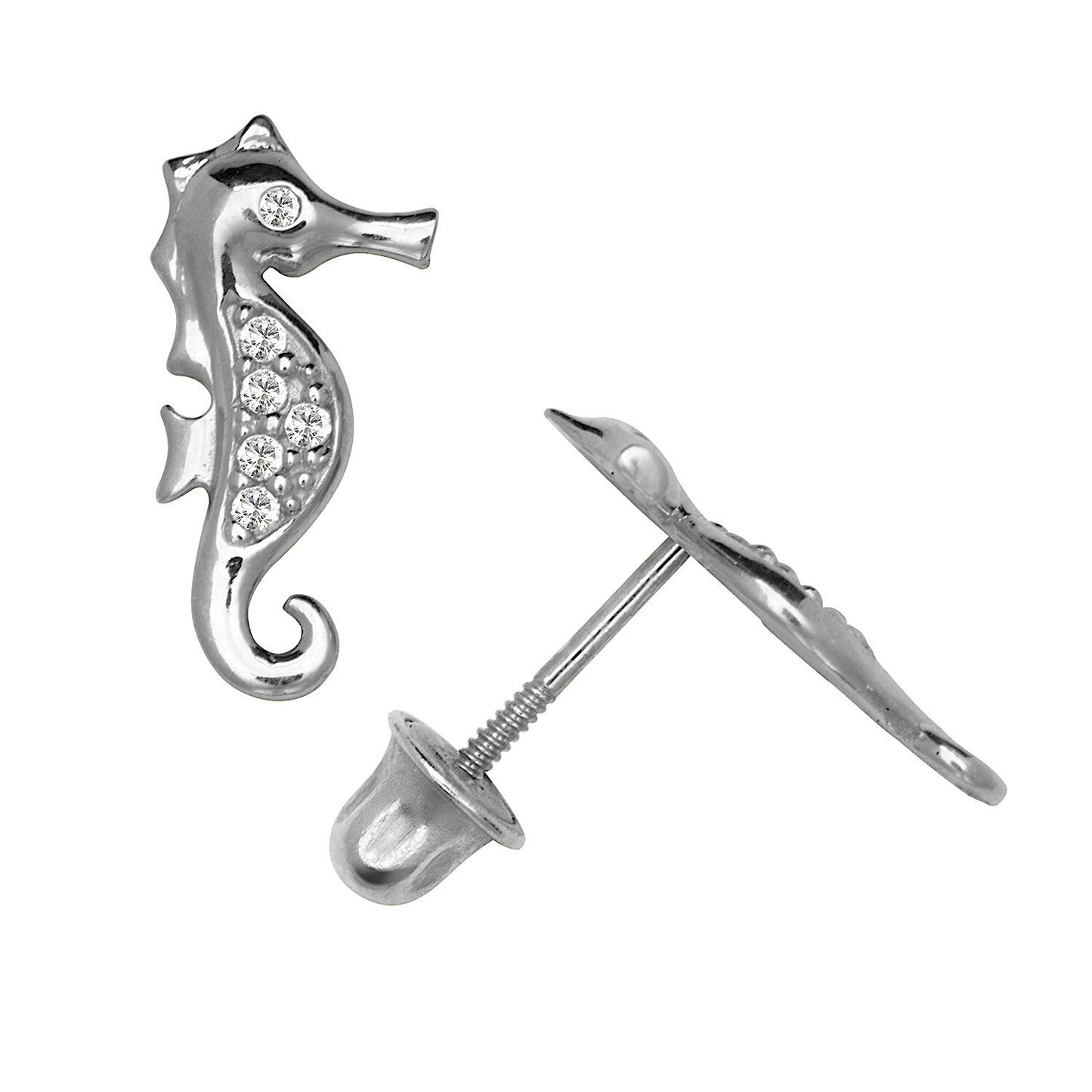 14K Yellow & White Gold Unique Seahorse Stud Earrings for Women