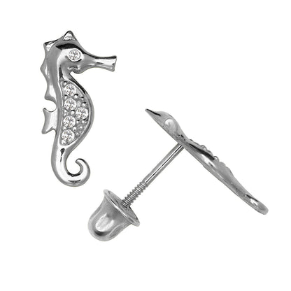 14K Yellow & White Gold Unique Seahorse Stud Earrings for Women