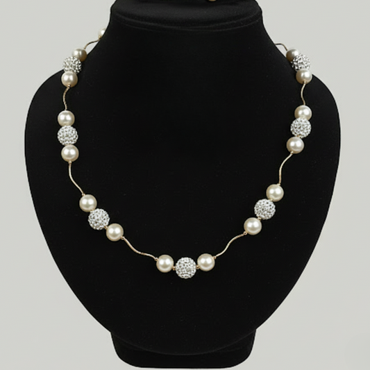 14K Yellow Gold Freshwater Pearl Necklace with Czech Crystal for Women