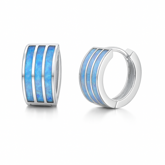 14k White Gold Triple Row Light Blue Opal Huggie Hoop Earrings