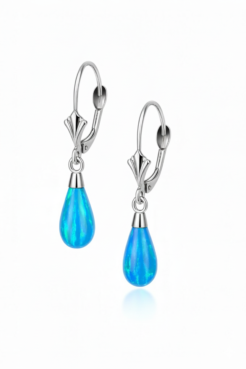 14k-Yellow and White Gold  Dangle Opal Leverback Earrings