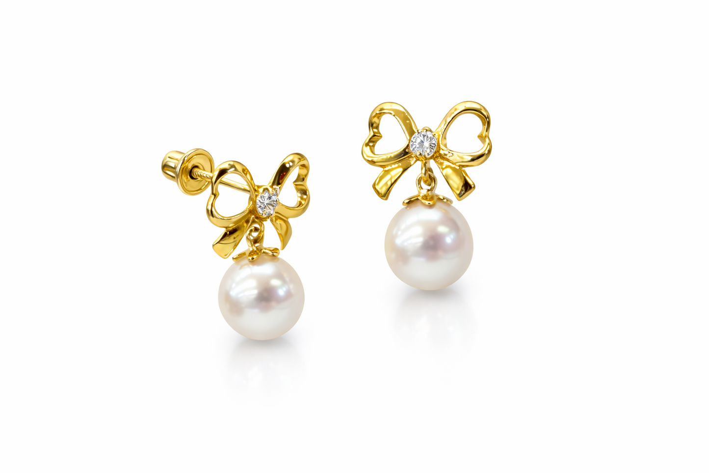 14K Yellow or White Gold Bow Tie Freshwater Pearl CZ Stud Earring