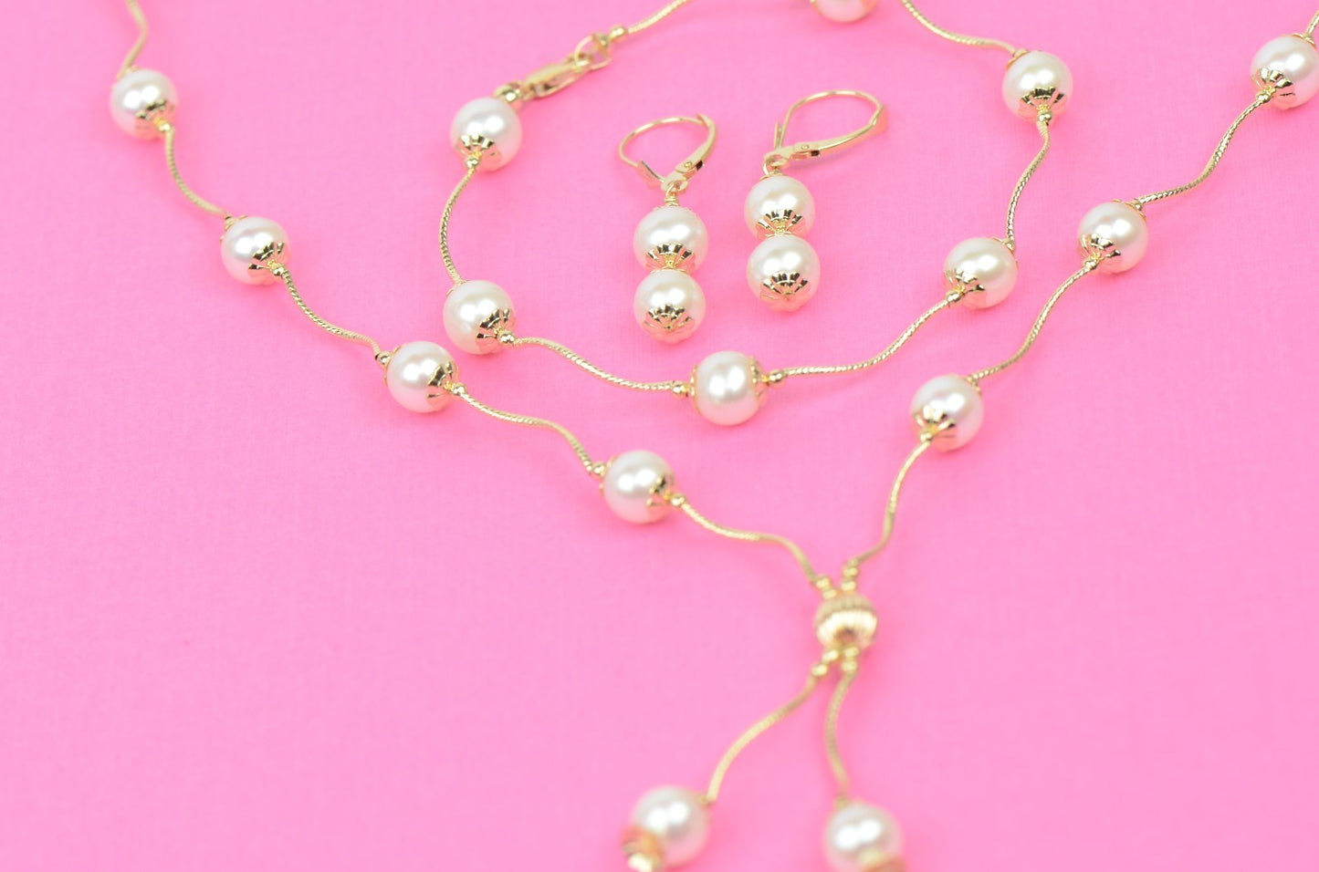 14k Yellow Gold Genuine White Pearls 3pcs Women Set:Necklace, Bracelet, Earrings