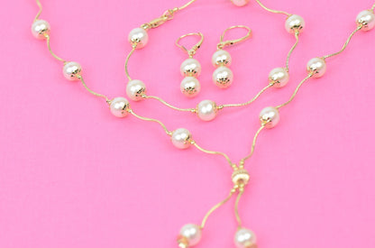 14k Yellow Gold Genuine White Pearls 3pcs Women Set:Necklace, Bracelet, Earrings