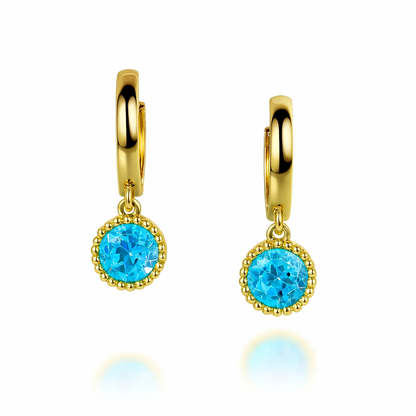 14k Yellow Gold Dangle Round Birthstone Huggie Earrings