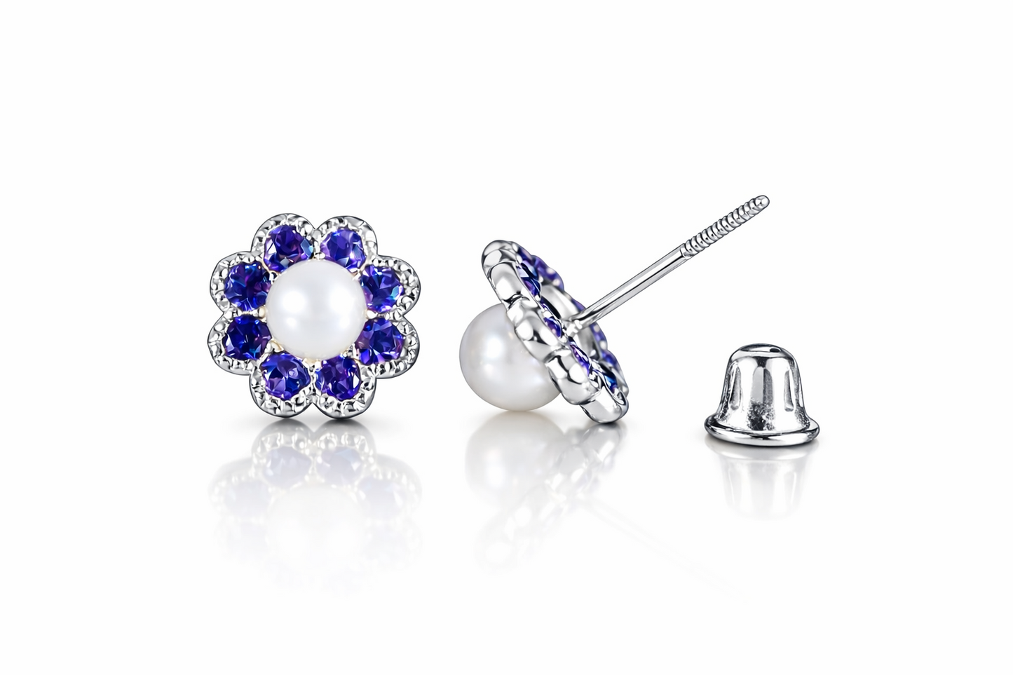 14k Yellow and White Gold Flower CZ Stud Earrings White Pearl with Screw Back