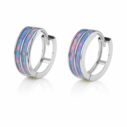 14k Yellow/White Gold Double Row Purple Opal Huggie Hoop Earrings