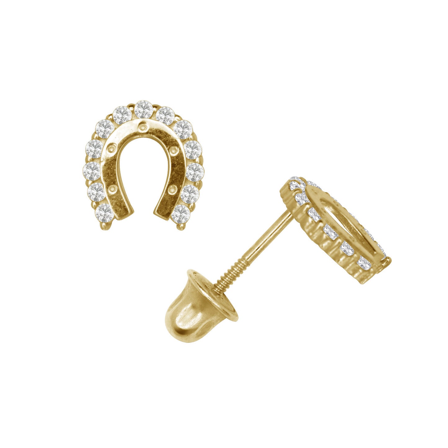 14K Yellow or White Gold Cubic Zirconia Horse Shoes Earrings with Screw Back.