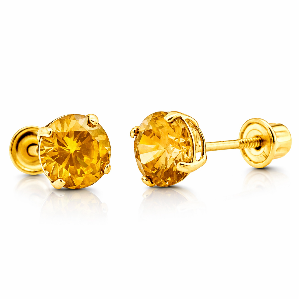 14K Solid Yellow Gold 6mm Round Birthstone Stud Earrings with screw back