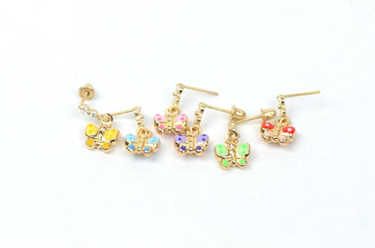 14K Solid Yellow Gold Butterfly Dangle Earring with Enamel