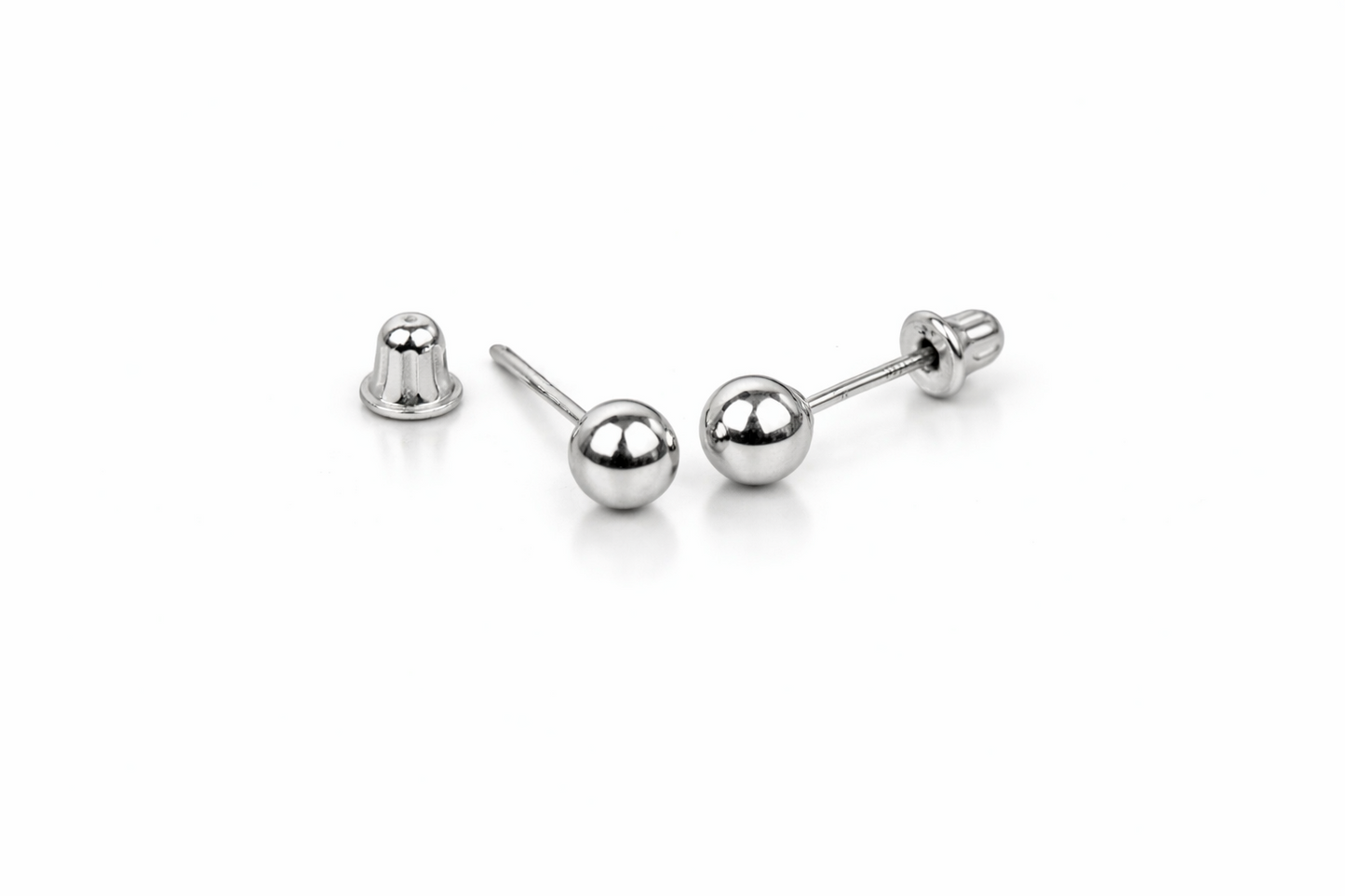 14k White Gold Ball stud earrings with screw back round High Polish