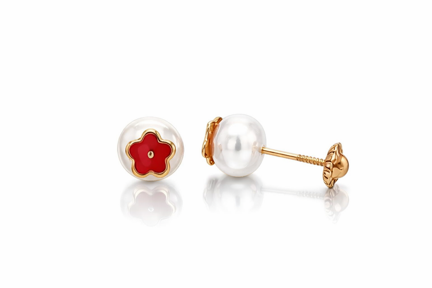 14k Yellow Gold Enamel Flower With Genuine Pearl Screw Back Stud Earrings