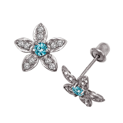 14k Yellow or White Gold CZ Flower Birthstone Stud Screw Back Earrings
